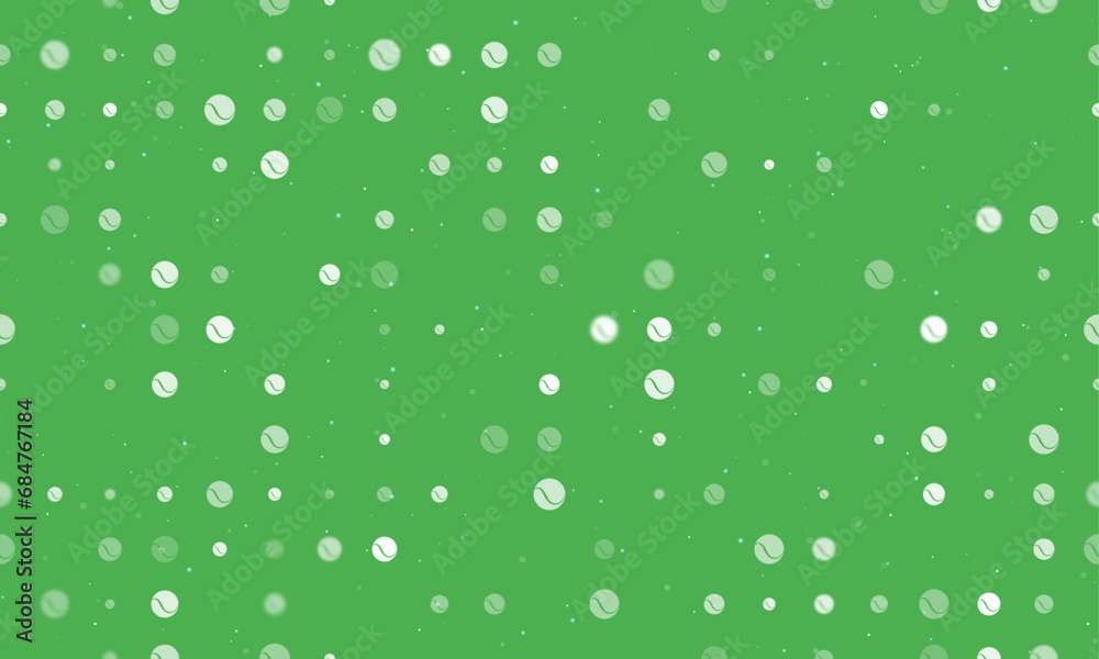 Seamless background pattern of evenly spaced white tennis balls of different sizes and opacity. Vector illustration on green background with stars
