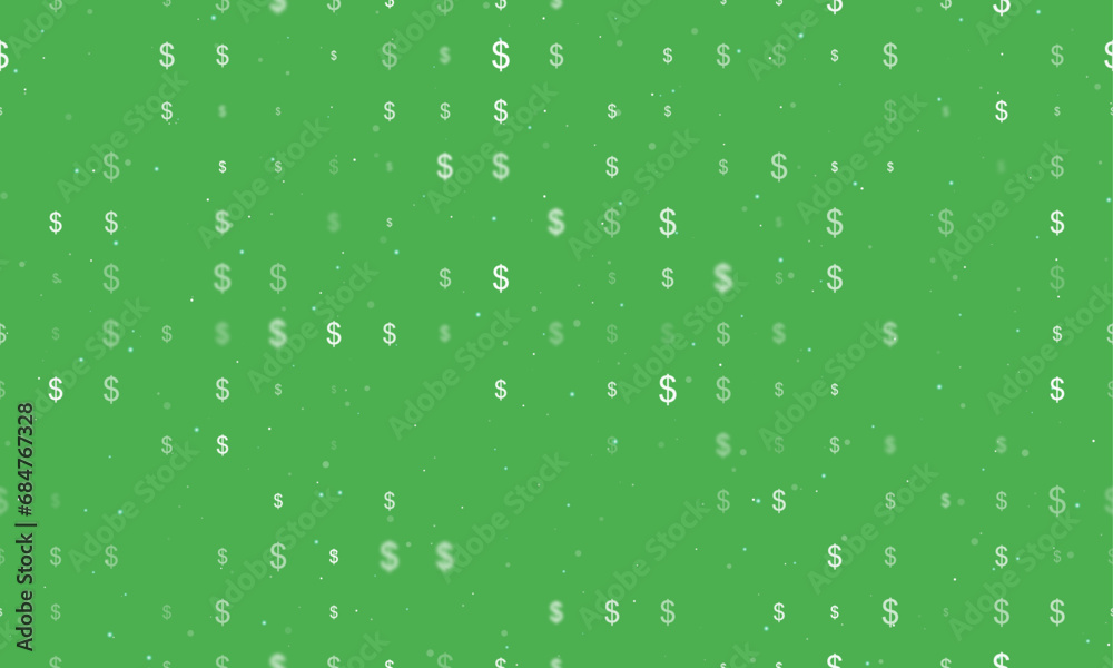 Seamless background pattern of evenly spaced white dollar symbols of different sizes and opacity. Vector illustration on green background with stars Seamless background pattern of evenly spaced white dollar symbols of different sizes and opacity. Vector illustration on green background with stars