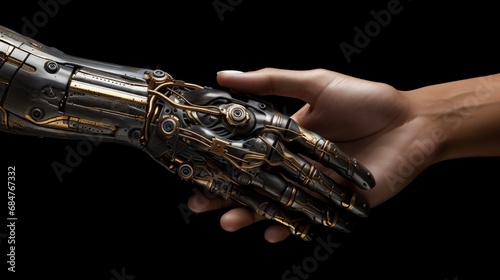 Handshake - human and artificial hand, depicting the symbolic connection between humans and technology
