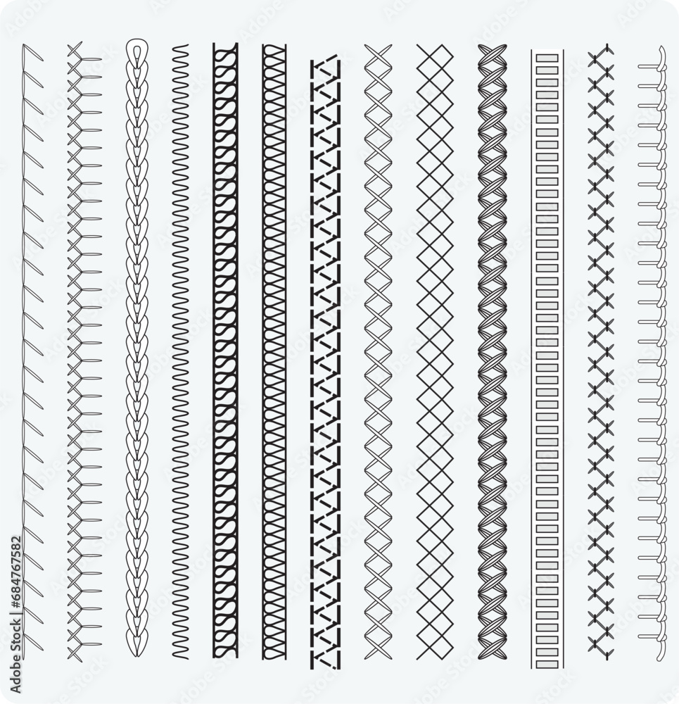 Seamless sewing stitch brush vector illustrator set, different types of machine stitch brush pattern for fasteners, dresses garments, bags, Fashion illustration, Clothing and Accessories