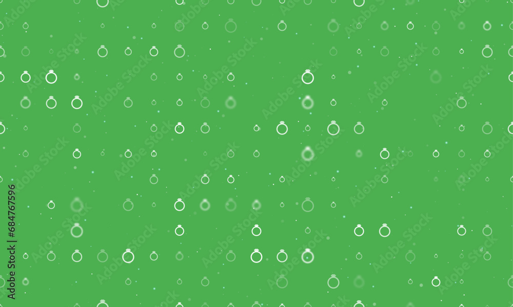 Seamless background pattern of evenly spaced white diamond ring symbols of different sizes and opacity. Vector illustration on green background with stars