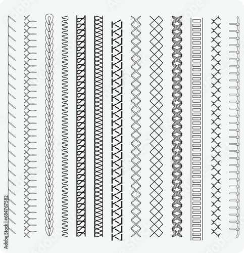 Seamless sewing stitch brush vector illustrator set, different types of machine stitch brush pattern for fasteners, dresses garments, bags, Fashion illustration, Clothing and Accessories photo