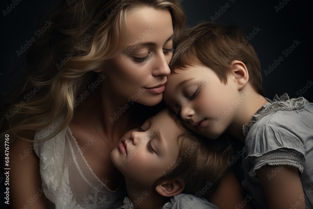 Happy Mother's Day. Mother with her two children, calm and serene.