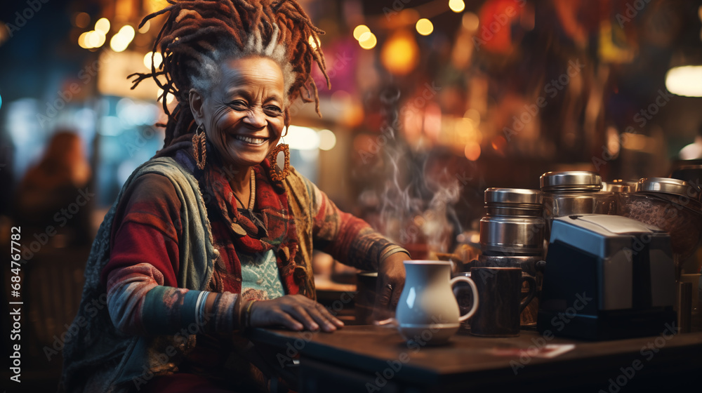 Elderly brutal woman Barista with a fancy dreads and makes coffee in a modern coffee shop