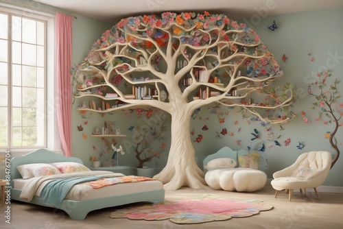 Nature-inspired bedroom with a tree-shaped bookshelf, flower-shaped bedside tables, and a colorful butterfly-themed bedspread photo
