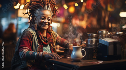Elderly brutal woman Barista with a fancy dreads and makes coffee in a modern coffee shop
