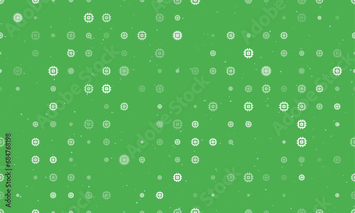 Seamless background pattern of evenly spaced white chip symbols of different sizes and opacity. Vector illustration on green background with stars