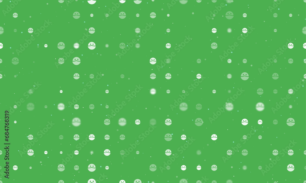 Seamless background pattern of evenly spaced white masked face symbols of different sizes and opacity. Vector illustration on green background with stars