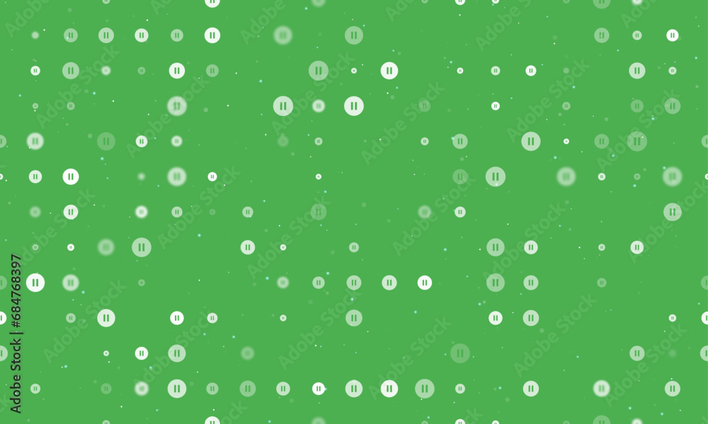 Seamless background pattern of evenly spaced white pause symbols of different sizes and opacity. Vector illustration on green background with stars