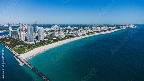 Aerial view of Miami beach coast capture by a drone in Miami Beach, FL, USA in a sunny day