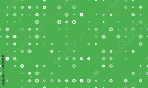 Seamless background pattern of evenly spaced white pause symbols of different sizes and opacity. Vector illustration on green background with stars