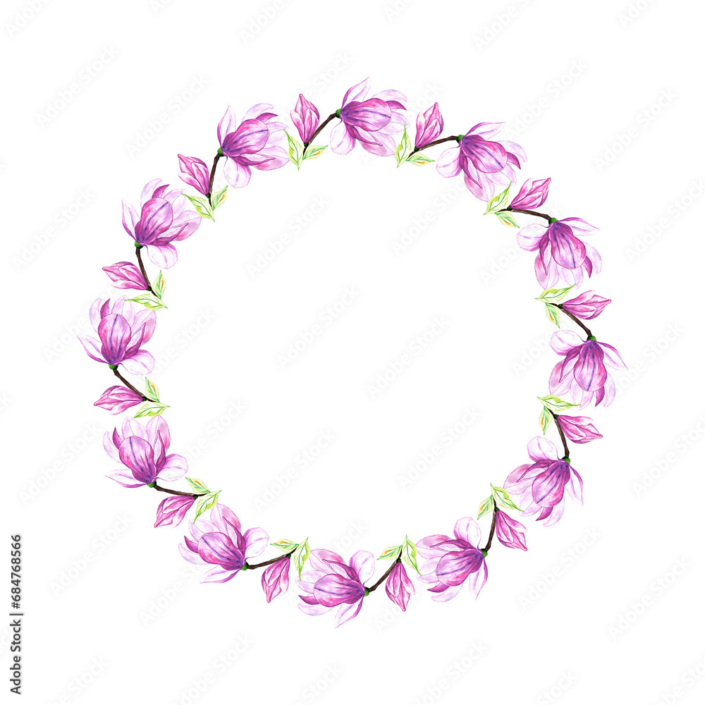 Flower round frame, beautiful wreath. Pink magnolia flower template. Hand painted watercolor illustration, isolated on white background. The template is suitable for invitations, greetings, cards, etc