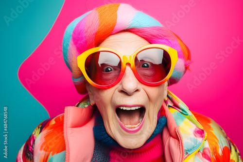 in glasses colorful old female wearing a red pink pink cap in an old age, in the style of turquoise and yellow, shaped canvas, energetic gestures, vibrant color blocks