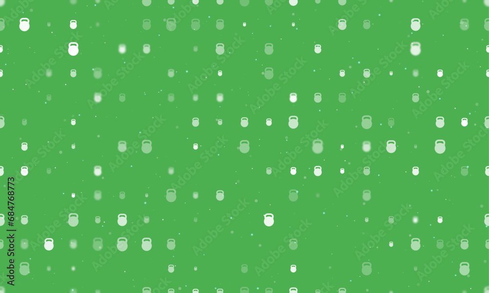 Seamless background pattern of evenly spaced white sports weight symbols of different sizes and opacity. Vector illustration on green background with stars