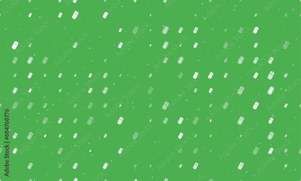 Seamless background pattern of evenly spaced white computer mouse symbols of different sizes and opacity. Vector illustration on green background with stars Seamless background pattern of evenly spaced white computer mouse symbols of different sizes and opacity. Vector illustration on green background with stars