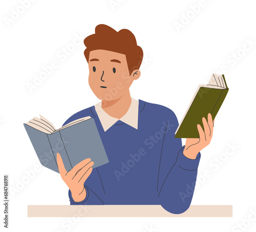 Young man holding open paper book in hands at leisure time. Person reading. Literature, abstract novel reader.