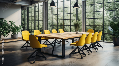 Stylish yellow office chairs and large wooden table © James