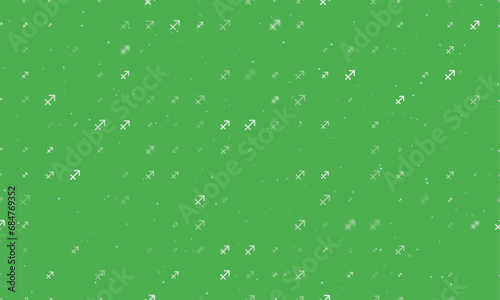 Seamless background pattern of evenly spaced white zodiac sagittarius symbols of different sizes and opacity. Vector illustration on green background with stars