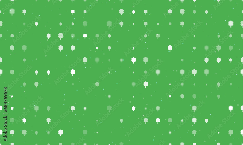Seamless background pattern of evenly spaced white tree symbols of different sizes and opacity. Vector illustration on green background with stars Seamless background pattern of evenly spaced white tree symbols of different sizes and opacity. Vector illustration on green background with stars