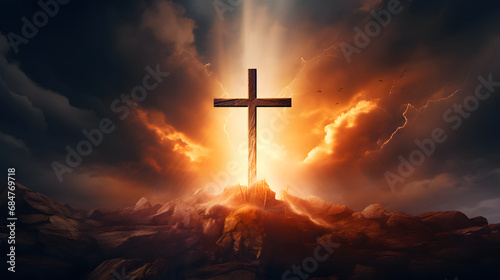 Cross of Jesus Christ in the sky with clouds. Christian easter. Conceptual religious symbol.