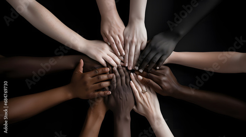 Group of multiethnic people joining hands in circle, black background. Many hands of different races and ethnicities. photo