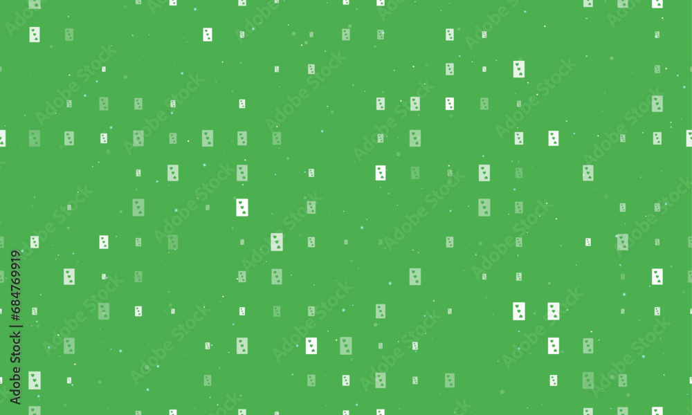 Seamless background pattern of evenly spaced white Three of hearts playing cards of different sizes and opacity. Vector illustration on green background with stars