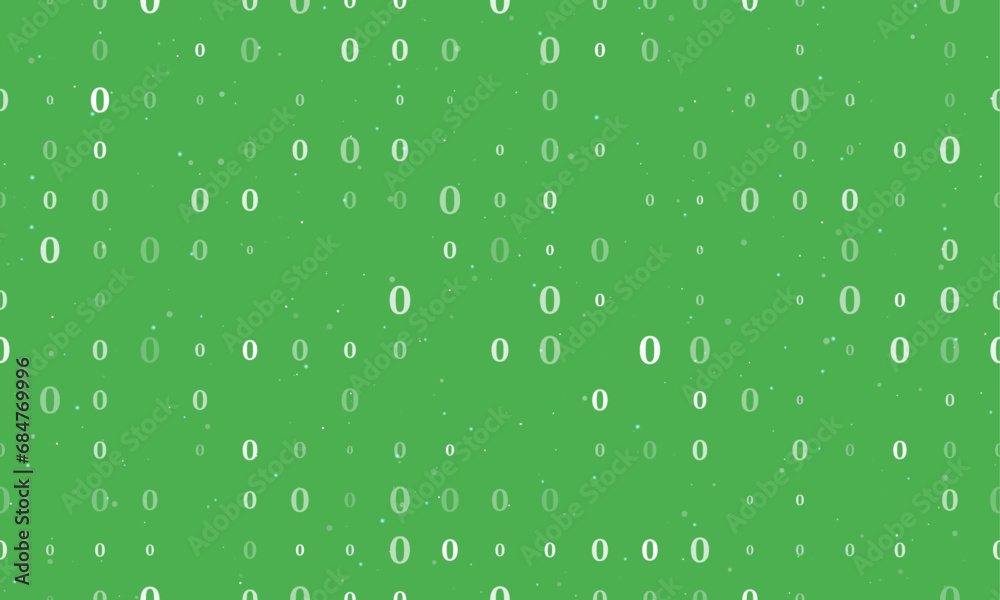 Seamless background pattern of evenly spaced white number zero symbols of different sizes and opacity. Vector illustration on green background with stars