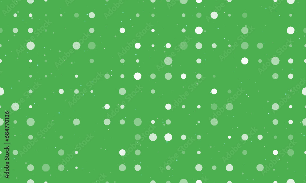 Seamless background pattern of evenly spaced white nonagon symbols of different sizes and opacity. Vector illustration on green background with stars