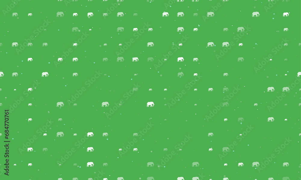 Seamless background pattern of evenly spaced white elephant symbols of different sizes and opacity. Vector illustration on green background with stars Seamless background pattern of evenly spaced white elephant symbols of different sizes and opacity. Vector illustration on green background with stars
