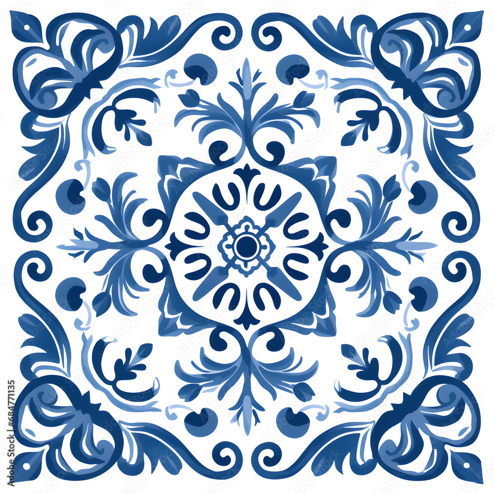 Blue watercolor seamless pattern  of azulejos tiles 