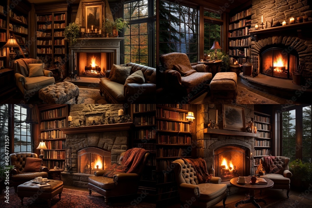 A cozy corner with a fireplace, comfortable chairs, and shelves filled with books, creating a perfect reading retreat.