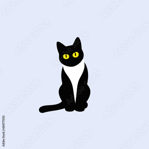 Vector illustration of a black and white cat with big yellow eyes.