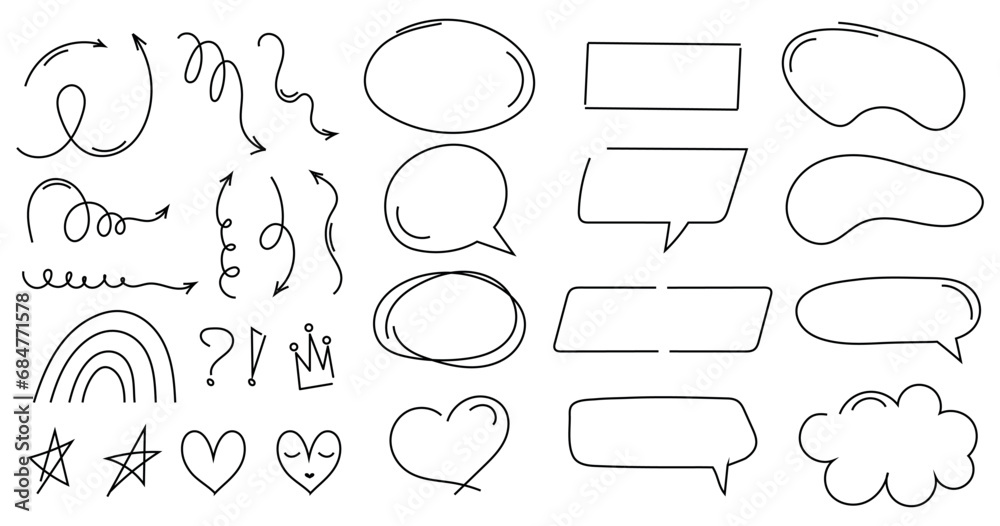Set of doodle elements. Hand drawn collection of speech bubbles, star, heart, arrows. Modern vector illustration. Set of doodle elements. Hand drawn collection of speech bubbles, star, heart, arrows. Modern vector illustration.