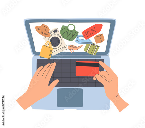 Online shopping concept. Customer buying, paying in internet store, adding purchases, goods to virtual cart, order.