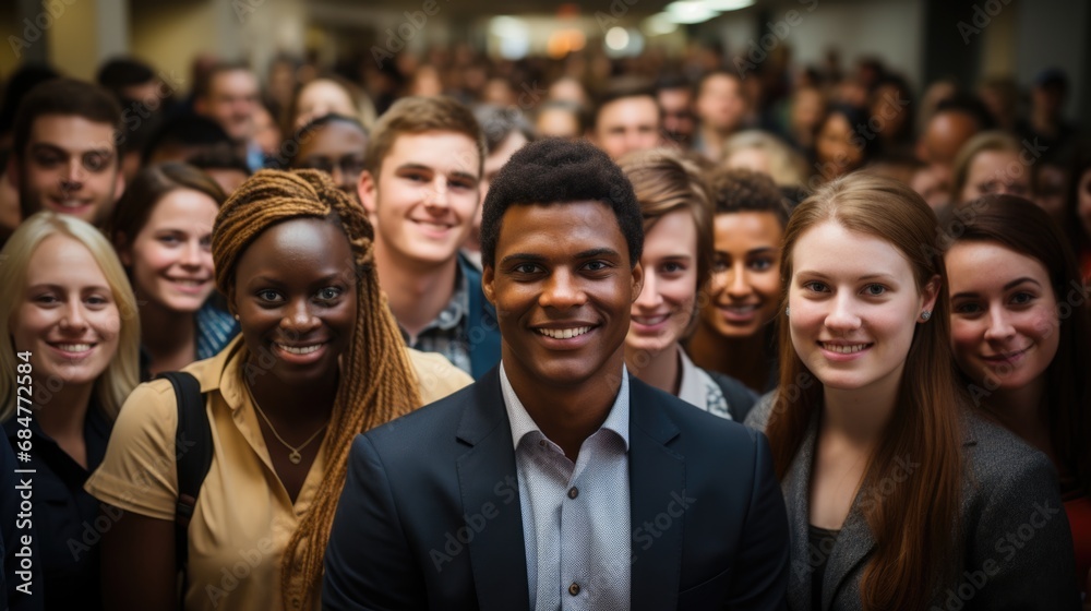 Obraz premium Energetic group of diverse young individuals indoors, celebrating unity and friendship with a blend of cultures and backgrounds.