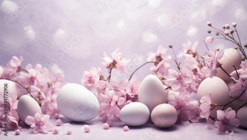 White Easter eggs with pink flower on pink pastel background with copy space. Happy Easter.