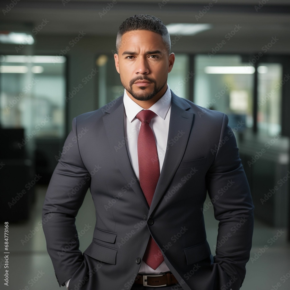 AI illustration of a confident and successful Latin American businessman dressed in a smart suit. AI illustration of a confident and successful Latin American businessman dressed in a smart suit.