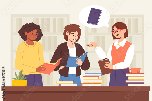 People in books club. Man and woman with textbook and fiction. Education and learning. Students and pupils in university library. Literature and useful leisure. Cartoon flat vector illustration