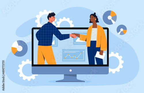 Business partners negotiate concept. Man and woman handshake at computer screen. Colleagues and partners near graphs and diagrams. Collaboration and cooperation. Cartoon flat vector illustration