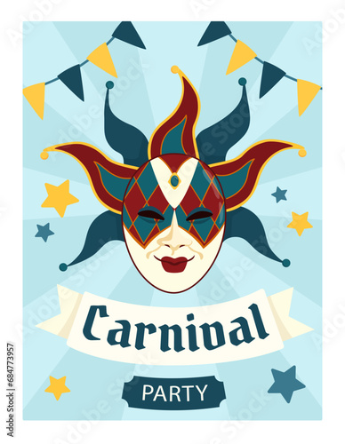 Carnival party poster. Flyer and booklet, leaflet. Holiday and festival. Carnaval and masquerade. Event and party postcard. Cartoon flat vector illustration isolated on white background