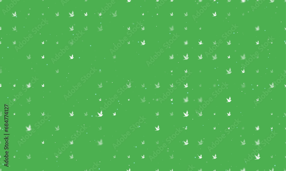 Seamless background pattern of evenly spaced white bird symbols of different sizes and opacity. Vector illustration on green background with stars