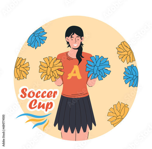 Cheerleader of team concept. Woman in red tshirt and black skirt with colorful fluffy balls. Support for soccer or football team. Badge or sticker. Cartoon flat vector illustration