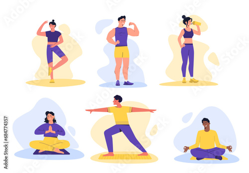 Choice of sport set. Man and woman doing physical exerssices. Strong guys and stretches girls. Workout and yoga, bodybuilding. Cartoon flat vector collection isolated on white background