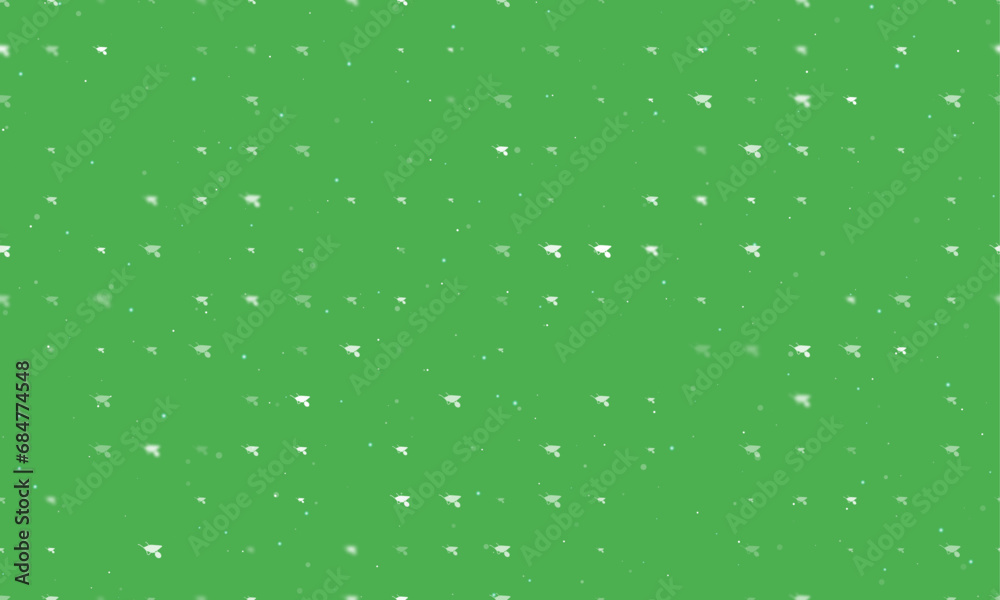 Seamless background pattern of evenly spaced white garden carts of different sizes and opacity. Vector illustration on green background with stars