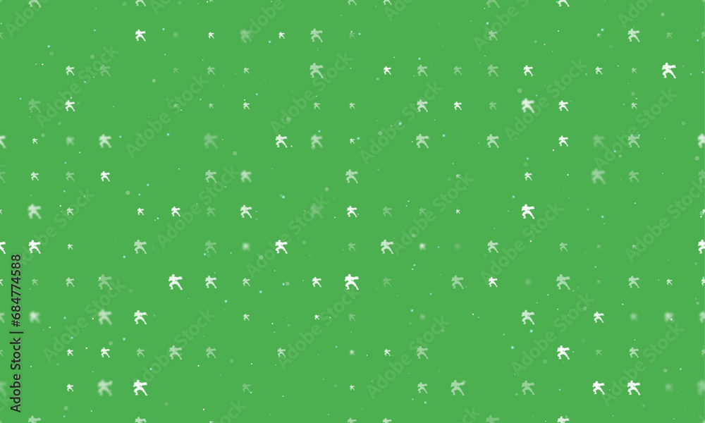 Seamless background pattern of evenly spaced white combat robots of different sizes and opacity. Vector illustration on green background with stars Seamless background pattern of evenly spaced white combat robots of different sizes and opacity. Vector illustration on green background with stars