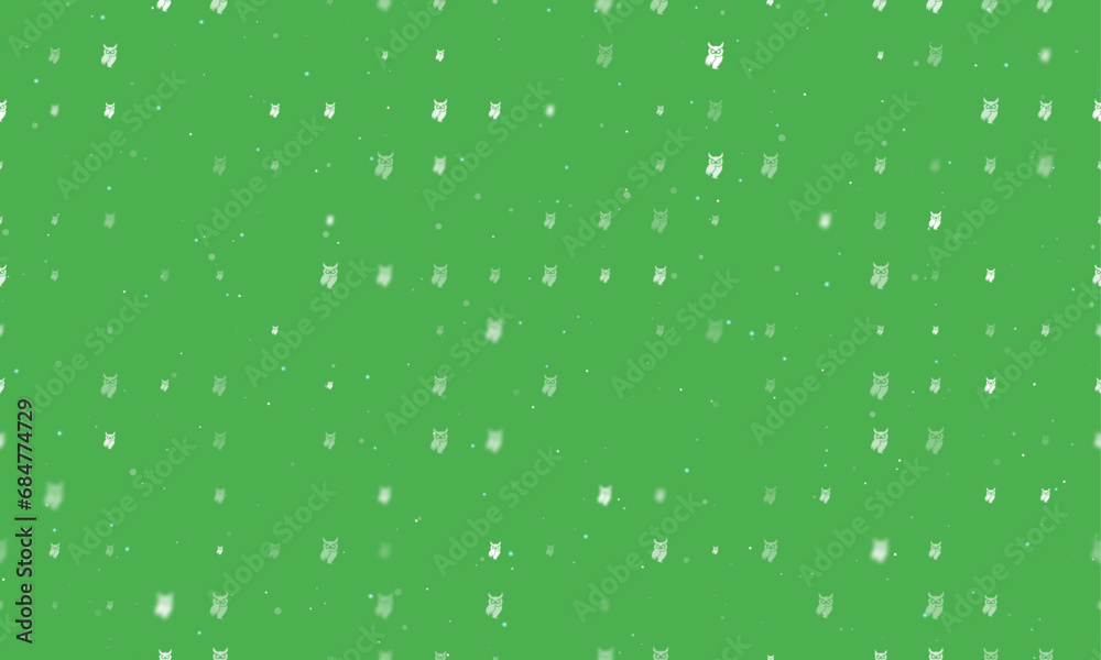 Seamless background pattern of evenly spaced white owl symbols of different sizes and opacity. Vector illustration on green background with stars