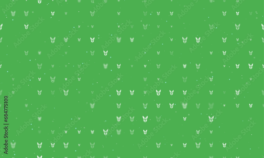 Seamless background pattern of evenly spaced white hare's head symbols of different sizes and opacity. Vector illustration on green background with stars Seamless background pattern of evenly spaced white hare's head symbols of different sizes and opacity. Vector illustration on green background with stars