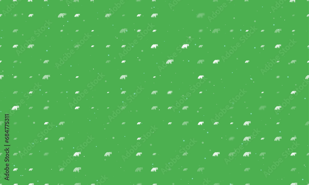 Seamless background pattern of evenly spaced white raccoon symbols of different sizes and opacity. Vector illustration on green background with stars Seamless background pattern of evenly spaced white raccoon symbols of different sizes and opacity. Vector illustration on green background with stars