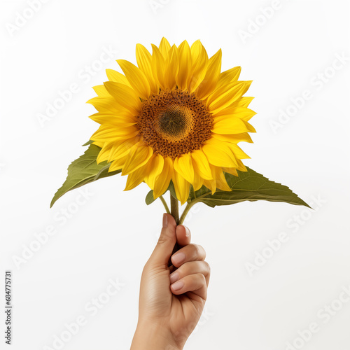 Female hand holding a sunflower on white background, Generative AI