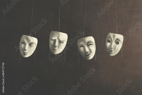 Photos illustration of theatrical white masks with different facial expression